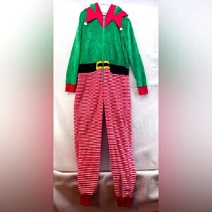 Unisex Adult Christmas Elf Costume Onesie Pajamas Zip-up Hooded Union Suit Med